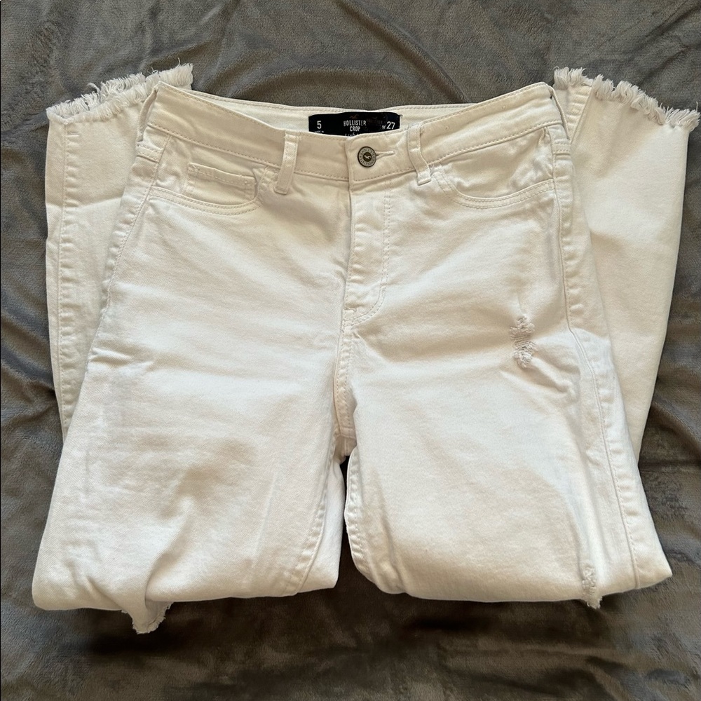 White Hollister Cropped High Rise Jeans w/ Rips - Picture 4 of 5